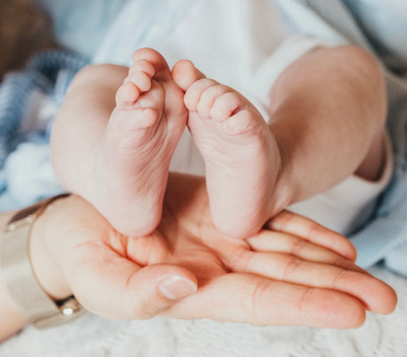 A newborn's feet cradled in a parent's open hands
